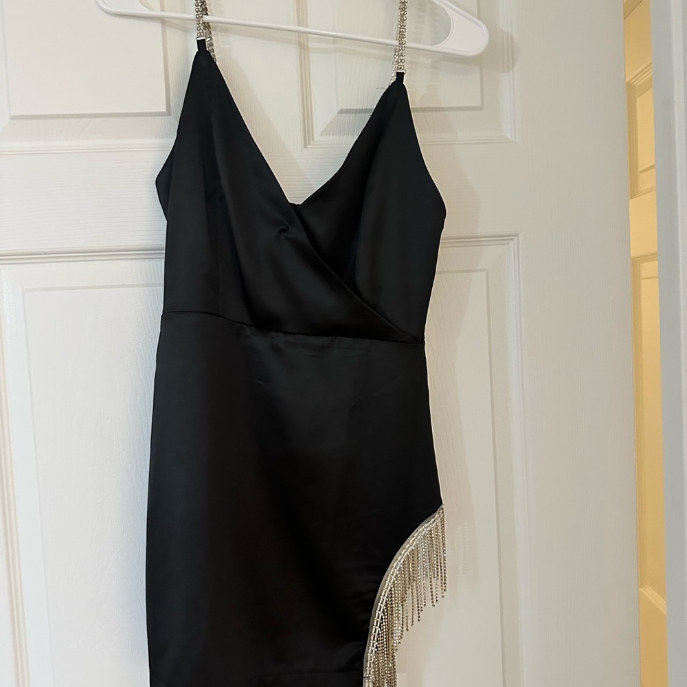 Elegant Black Dress with Diamond Fringe and Straps